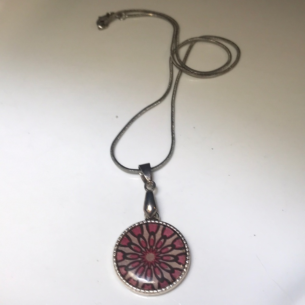 HandmadeSilver & Pink medallion/mandala boho/ hippie pendant/charm necklace.